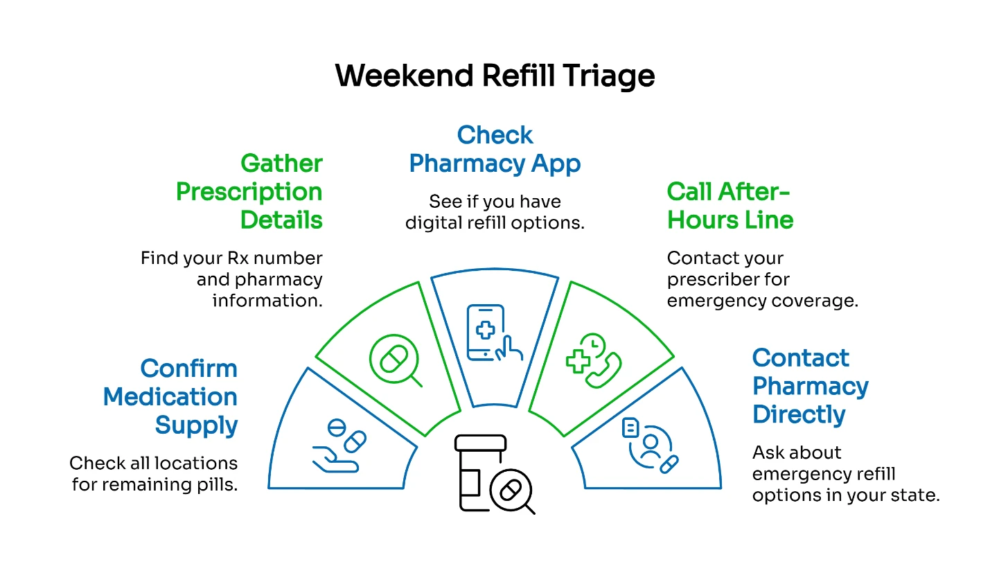 Weekend refill triage diagram showing five steps: gather prescription details, check pharmacy app, call after-hours line, contact pharmacy directly, and confirm medication supply.